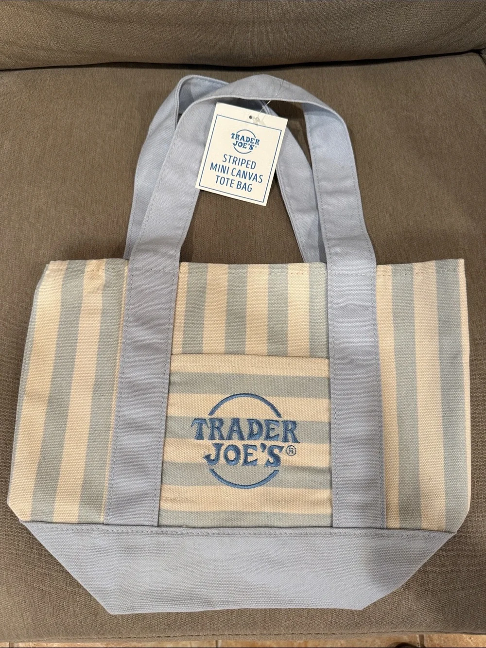 Trader Joe’s Striped Mini Canvas Tote Bag - Light Blue and Cream